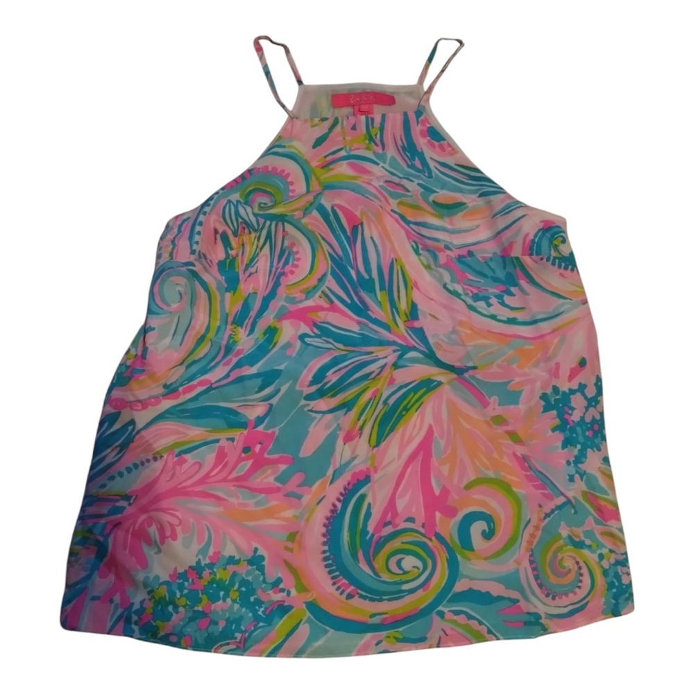 Lilly Pulitzer Women's Rae Square Neck Silk Tank Top Sz XS Multi Carnivale Coral